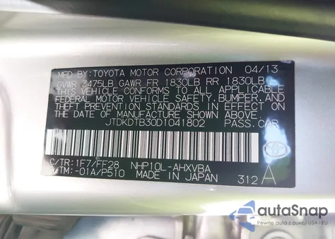 2013 Toyota Prius C Two from USA, damaged, VIN JTDKDTB30D1041802